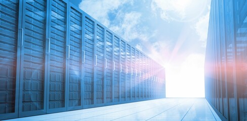 Data center corridor is being shown in flat design, featuring vented server racks with LED lights