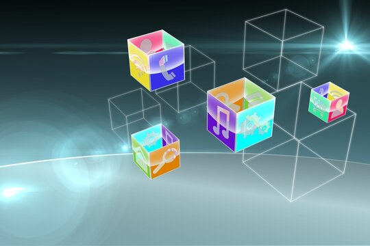 Six floating clear 3D cubes with app icons are hovering over curved horizon with wireframe cubes