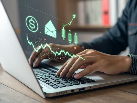 "Hands typing on laptop with stock trading chart, email notification, finance dollar icon, candlestick market graph, investment analytics and business strategy concept for growth"