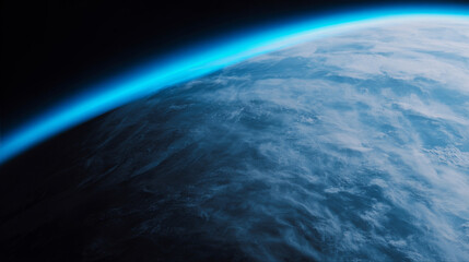 Aerial view of Earth's atmosphere with glowing blue ozone layer and dark gap symbolizing depletion, environmental protection and climate change awareness concept.	