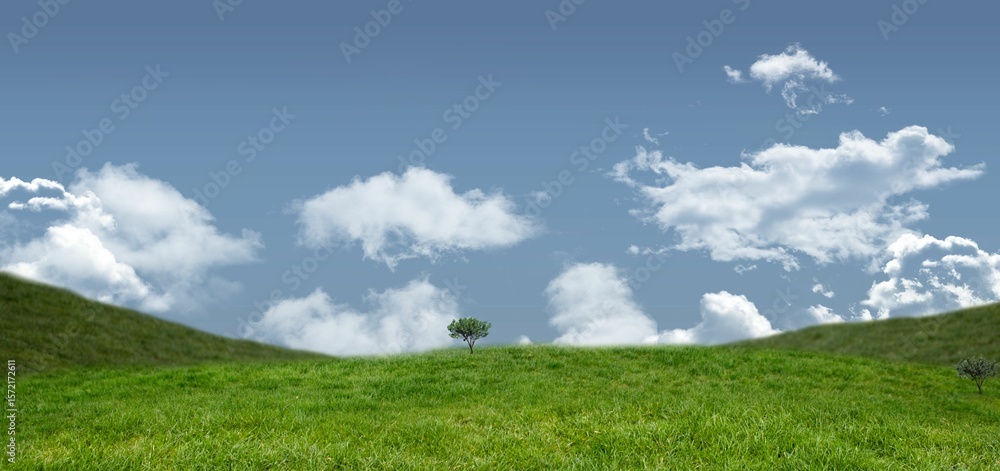 Poster flat design scene is showing solitary tree standing on green rolling hills under scattered clouds