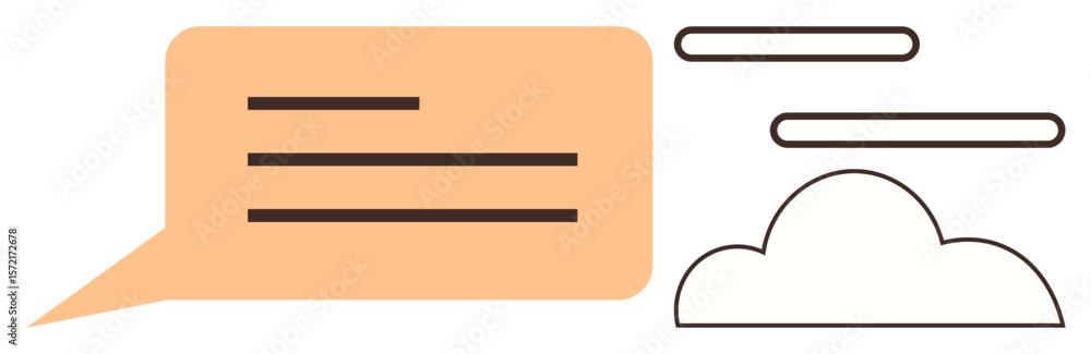 Poster orange speech bubble with horizontal lines beside a minimalistic cloud represents conversation and c