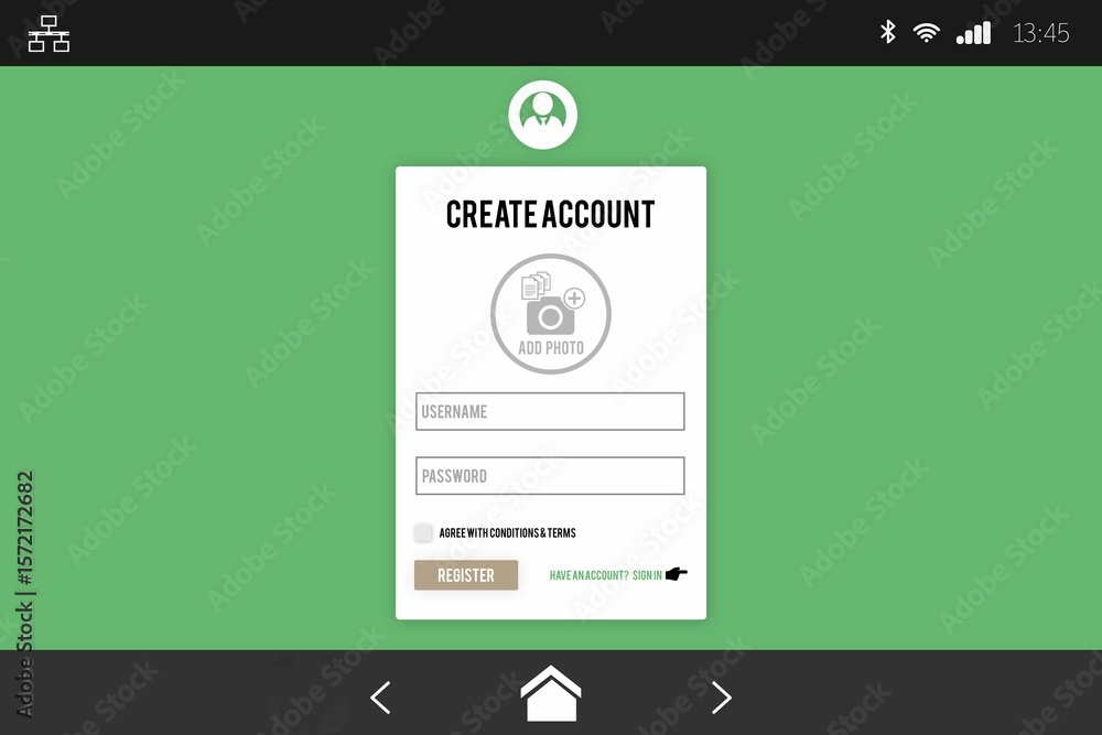 Poster showing flat rectangle create account form on green with avatar, fields, controls and system icons
