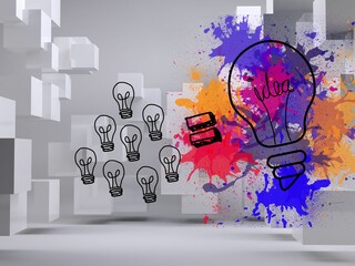 Light bulbs on splashes on background with cubes