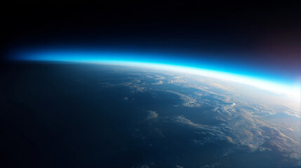 Aerial view of Earth's atmosphere with glowing blue ozone layer and dark gap symbolizing depletion, environmental protection and climate change awareness concept.	