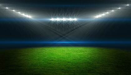 Empty turf field is glowing under flat design stadium floodlights arc, showing vivid green turf © vectorfusionart