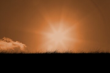 Bright starburst sun is shining above grassy horizon silhouette with glowing cloud in flat design © vectorfusionart