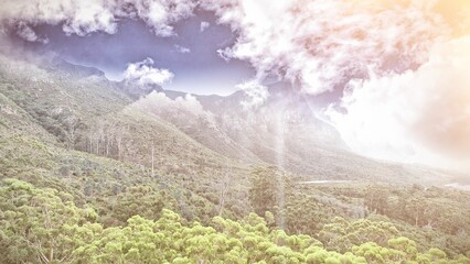 Mountains uder clouds, Green trees in the forest