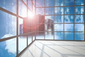 Server towers seen through window