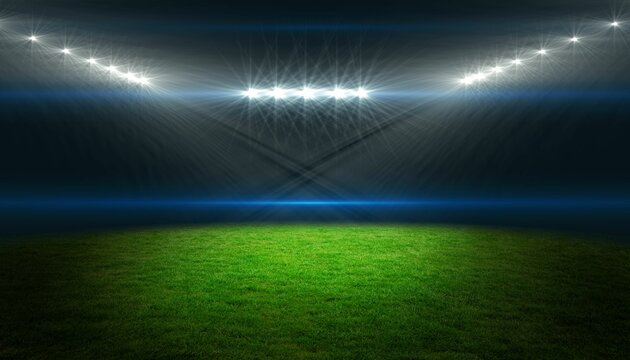 Empty turf field is glowing under flat design stadium floodlights arc, showing vivid green turf