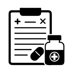 Prescription clipboard with medication bottle and pill icon  