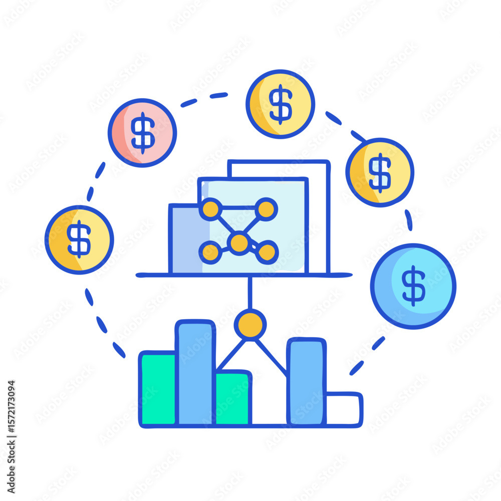 Poster financial analysis data network connecting wealth and growth metrics