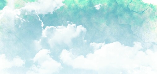 Soft white clouds are drifting in pastel watercolor sky over smooth blue green gradient