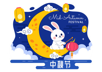 Translation : Mid Autumn Festival Vector Illustration with Rabbits Carrying Lanterns and Mooncakes, Celebrating Under the Full Moon Night Background