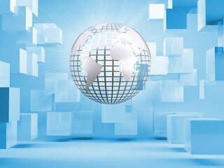 Silver globe on blue background with cubes