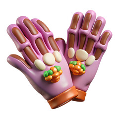 3D cartoon pink gloves with brown fingers and colorful decorations isolated on transparent background