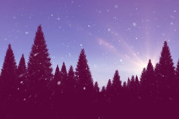 Flat design pine silhouettes are showing against purple pink sky, with sun rays and snowflakes