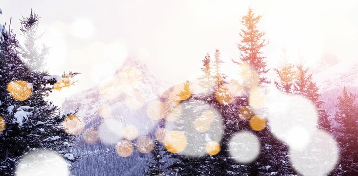Fototapeta Defocused lights against snow covered trees and mountain