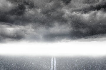 Wet asphalt road is stretching forward into mist under storm clouds with lane markings, flat design