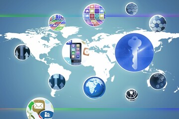Stylized flat design is illustrating global connectivity featuring key icon, smartphone, globe