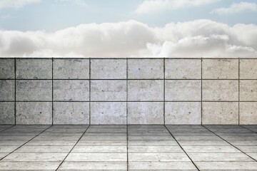 Flat design scene is featuring concrete block wall on tiled platform under cloudy sky