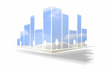 Abstract skyline corner is showing mirrored prisms and trees in vector art, copy space