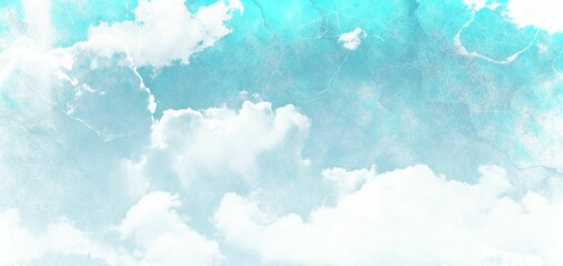Bright cumulus clouds are drifting across light blue sky with watercolor texture overlay