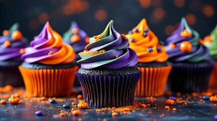 Delicious halloween cupcakes with purple orange and green frosting and festive sprinkles arranged closely together