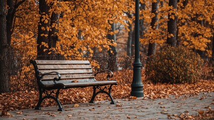A Classic Park Bench Nestled amongst Vibrant Golden Foliage in a Dense Autumn Grove