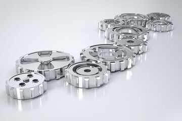 Polished metal gears are being arranged diagonally across reflective white platform in 3D render