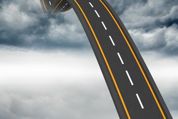 Twisting road spiral is rising through flat design stormy sky, with yellow stripes and white dashes