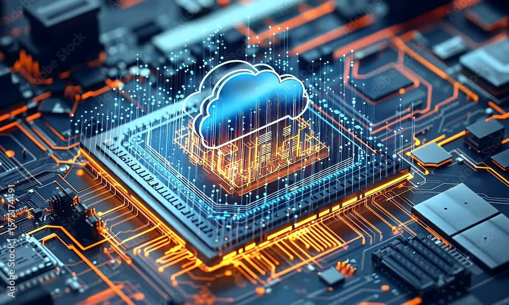 Poster a cloud icon is displayed on the chip, with an abstract building in blue and orange tones. the backg