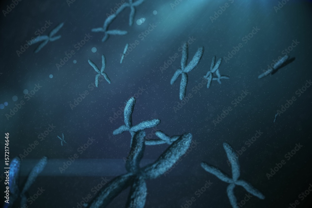 Poster cluster of x-shaped chromosome structures is being shown within dark bluish fluid in 3d render