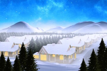 Flat design showing wooden cabin with glowing windows and string lights under snowy pine forest sky