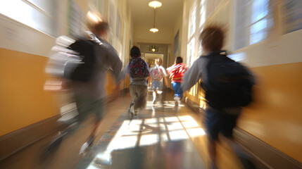 Kids Running School Hallway