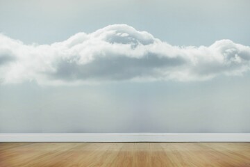 Large white cloud mural is floating in minimal flat design room with light wood plank floor