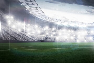 Fototapeta premium Flat vector illustration is showing stadium interior with green pitch and curved transparent canopy