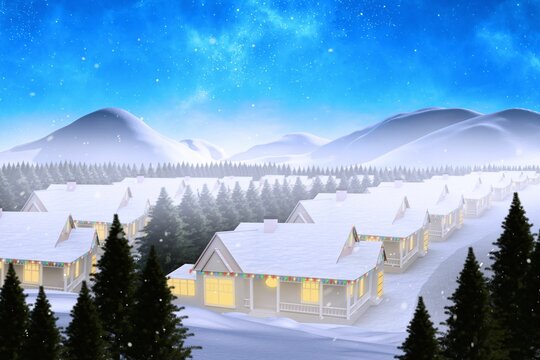 Fototapeta Flat design showing wooden cabin with glowing windows and string lights under snowy pine forest sky