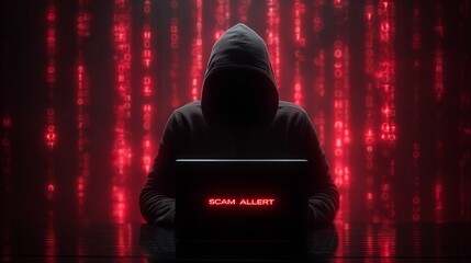 A hooded figure sits in front of a laptop with a 'SCAM ALERT' message, surrounded by a digital red background, conveying a sense of cyber danger.