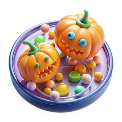 Cute 3d halloween pumpkins with candy in a purple bowl isolated on transparent background
