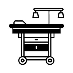 Medical operation table with drawers and overhead lights concept of icon  