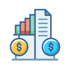 Financial growth report analysis with bar graph and coins