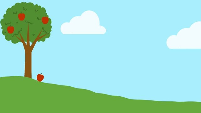 An apple falls from a tree, showing the effect of gravity in a simple, kid-friendly animation. Great for science learning.