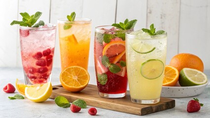 Fototapeta premium Fresh fruit cocktail with strawberry, lime, and ice in a glass, a healthy and refreshing tropical drink