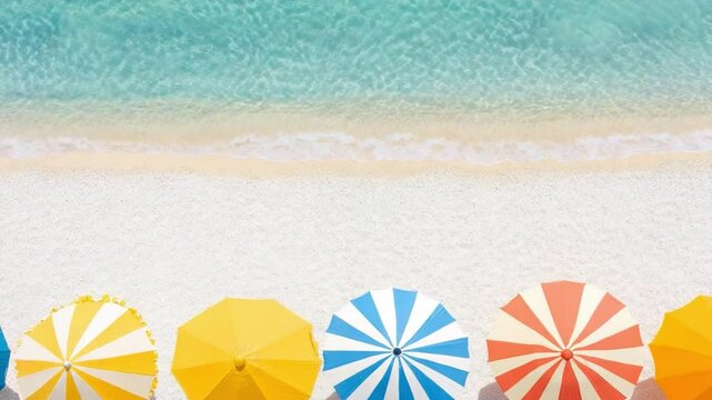 Umbrellas on Beach: A vibrant array of beach umbrellas cast colorful shadows on the pristine sand, framing a tranquil ocean view perfect for conveying relaxation and a summer escape.