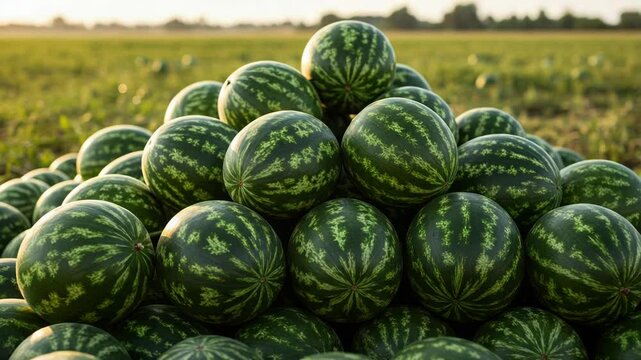 A large pile of watermelons in a field at harvest time