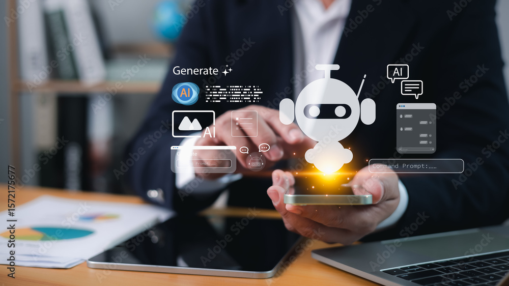 Aufkleber businessman using ai chatbot and generative ai technology on smartphone for business automation, dig