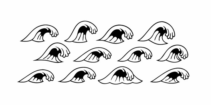 Set of Black and White Ocean Wave Illustrations