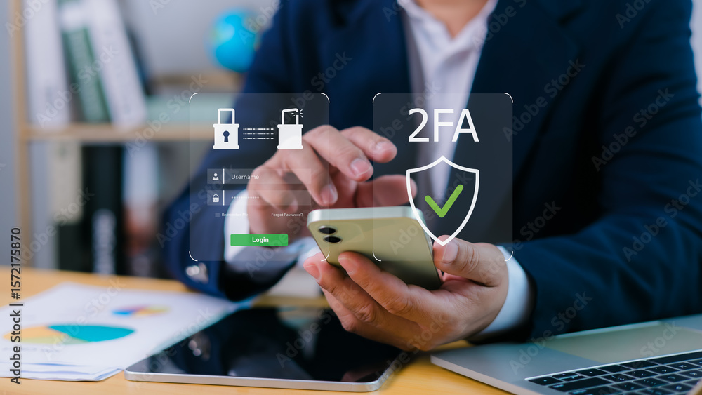 Poster person using smartphone to access digital interface with 2fa login screen and security icons, highli
