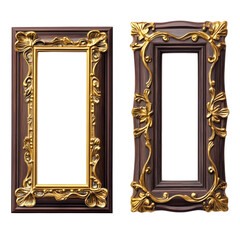 Two ornate antique wooden picture frames with gold decorative elements isolated on transparent background